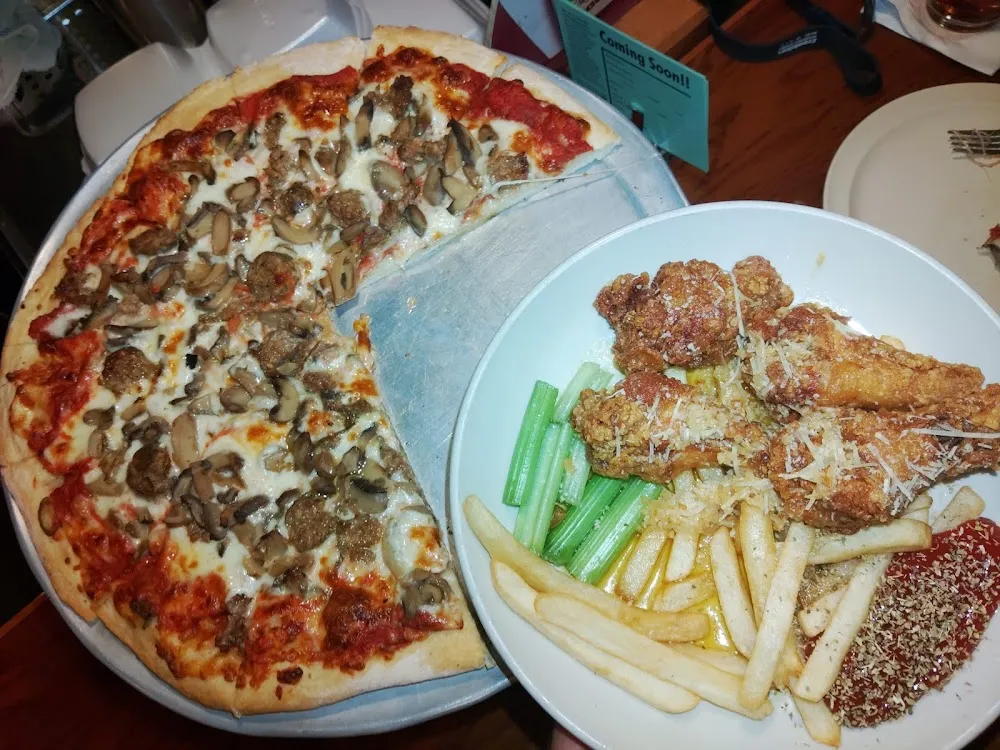 Mushroom Dinner Sausage Pizza and Garlic Parm Wings w Fries